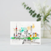 Ingewikkelde inkt kunstwerk Shanghai Skyline bij T Briefkaart (Staand voorkant)