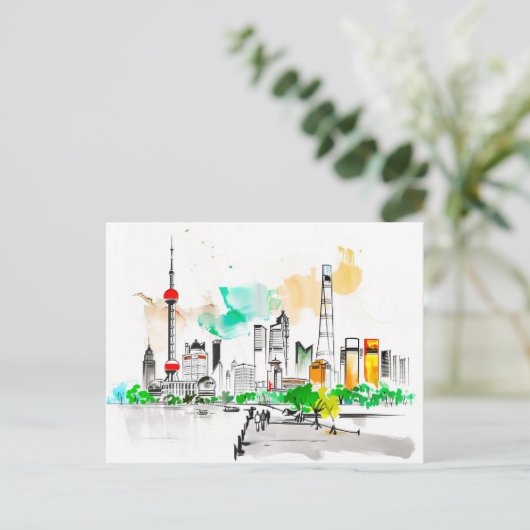 Ingewikkelde inkt kunstwerk Shanghai Skyline bij T Briefkaart (Staand voorkant)