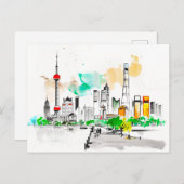 Ingewikkelde inkt kunstwerk Shanghai Skyline bij T Briefkaart (Voorkant / Achterkant)