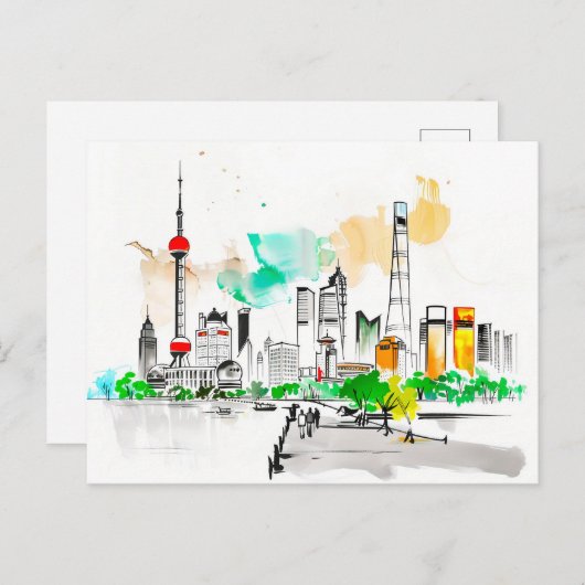Ingewikkelde inkt kunstwerk Shanghai Skyline bij T Briefkaart (Voorkant / Achterkant)