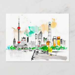 ingewikkelde inktkunst Shanghai-skyline aan The Bu Briefkaart