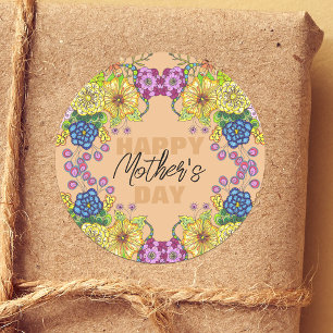 Ingewikkelde Kleurrijke Bloemen Foliage Moederdag Ronde Sticker