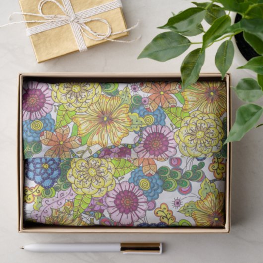 Ingewikkelde kleurrijke handgetekende bloemen en b tissuepapier (Geschenk)