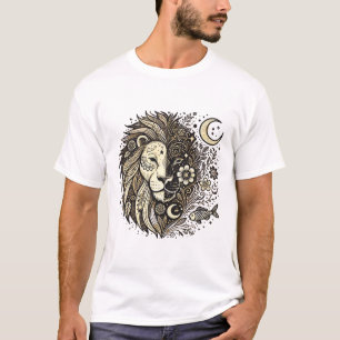 Ingewikkelde Leeuwenkop Illustratie met Bloemen en T-shirt