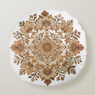 Ingewikkelde Mandala Bloemmotief Bruine Tinten Kun Rond Kussen