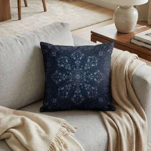 Ingewikkelde Navy Blauwe Mandala Sneeuwvlok Kussen