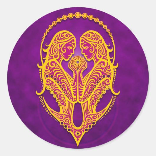 Ingewikkelde Paarse en gele Tribal Gemini Ronde Sticker (Voorkant)