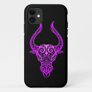 Ingewikkelde Paarse Stier Dierenriem op Zwart iPhone 11 Hoesje