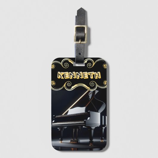 Ingewikkelde pianokunst op strak zwart bagagelabel (Voorkant (verticaal))
