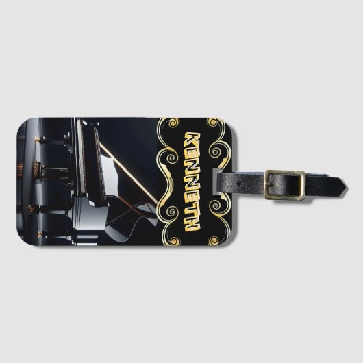 Ingewikkelde pianokunst op strak zwart bagagelabel (Voorkant (horizontaal))