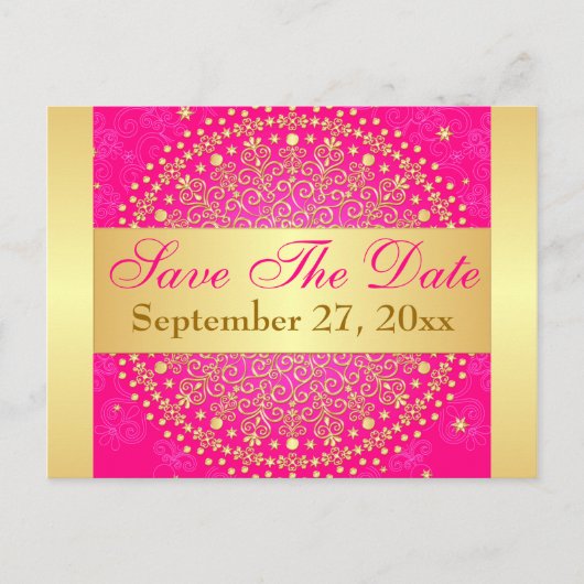 Ingewikkelde PInk, Gold Scrolls Save the Date Kaar Aankondigingskaart (Voorkant)