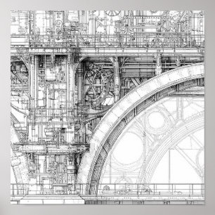Ingewikkelde Steampunk Steiger Technische Lijnkuns Poster