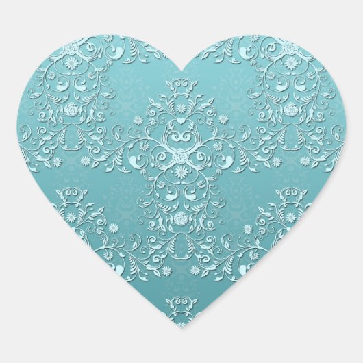 Ingewikkelde Turquoise Bloemendamask Hart Sticker (Voorkant)