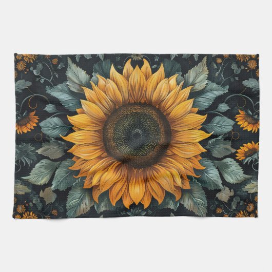 Ingewikkelde zonnebloem botanische kunst theedoek (Horizontaal)
