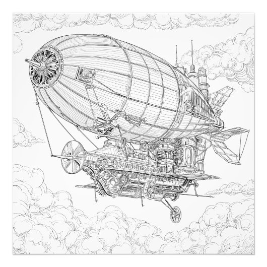 Ingewikkelde zwart-wit Steampunk luchtschip tekeni Foto Afdruk (Voorkant)