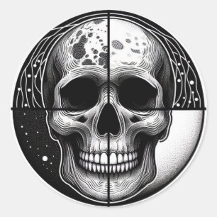 Ingewikkelde zwart-witte schedelkunst: een symmetr ronde sticker