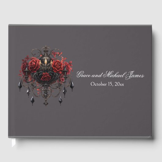 Ingewikkelde zwarte gotische kroonluchter bruiloft gastenboek (Voorkant)