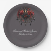 Ingewikkelde zwarte gotische kroonluchter met Roze Papieren Bordje (Voorkant)