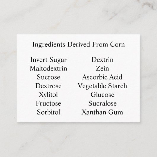 Ingrediënten afgeleid van maïs bewustzijn Kaart (Achterkant)