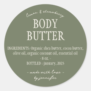Ingrediënten van zelfgemaakte body butter van groe ronde sticker