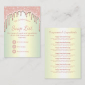 Ingrediënten voor druppelroze glitter-soap visitekaartje (Voorkant / Achterkant)