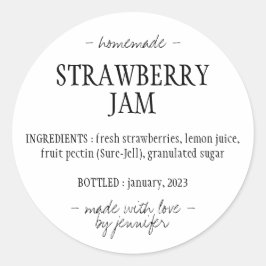 Ingrediënten voor zelfgemaakte aardbeienjam ronde sticker