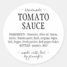 Ingrediënten voor zelfgemaakte tomatensaus in keuk ronde sticker