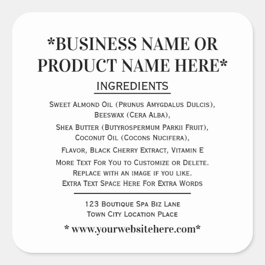 Ingrediëntenlabel Wit Zwart Vierkant Vierkante Sticker (Voorkant)