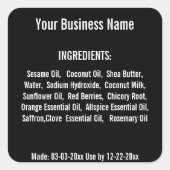 Ingrediëntlijst Handgemaakte zeep Skincare Black Vierkante Sticker (Voorkant)