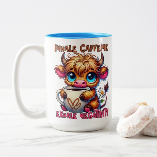 Inhale Caffeine Exhale Negativity Tweekleurige Koffiemok (Met donut)