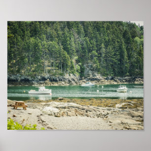 Inham in kust Maine strand en boten 8x10 Poster