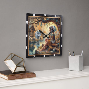 Inheems Indiaans Heiligdom: Geest van het Wildwood Vierkante Klok