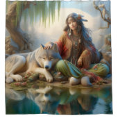 Inheems meisje geniet van een moment met haar wolf douchegordijn (Voorkant)