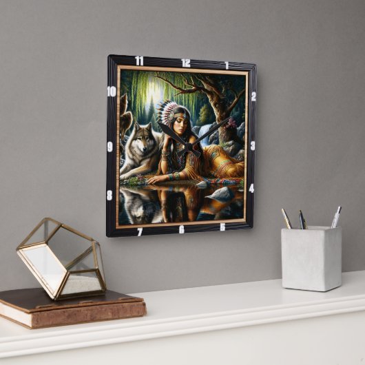 Inheemse aarde wolf Glade Guardian Still Vierkante Klok (Kantoor)