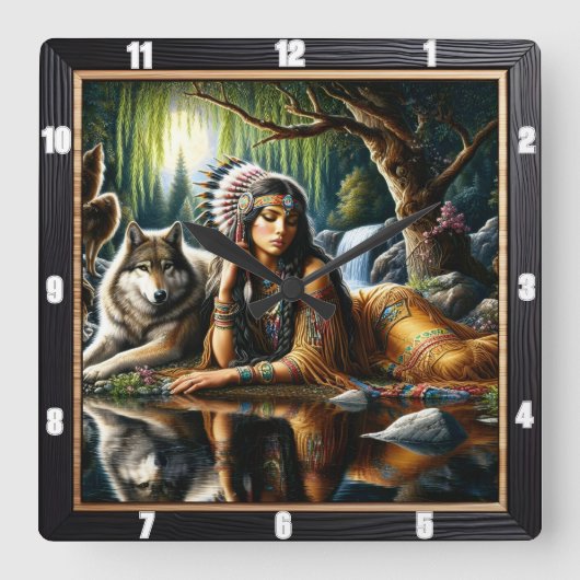 Inheemse aarde wolf Glade Guardian Still Vierkante Klok (Voorkant)