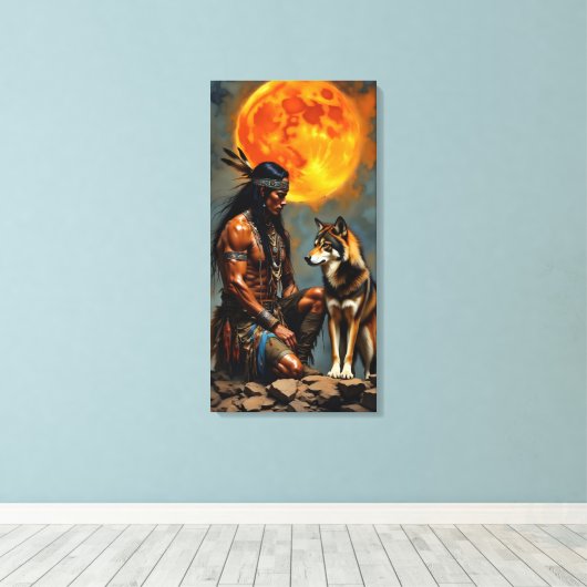 Inheemse Amerikaan en Wolf Canvas Afdruk (Insitu (Houten vloer))
