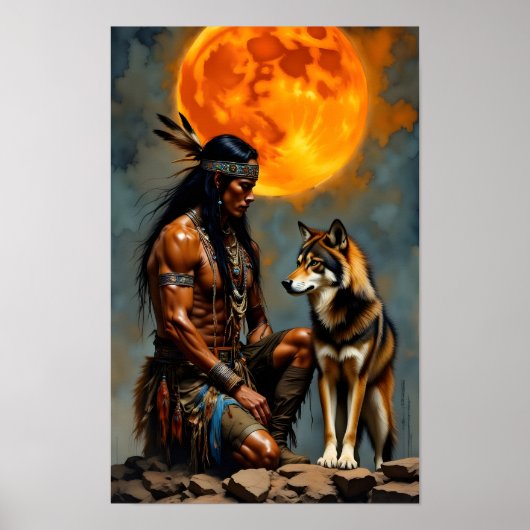 Inheemse Amerikaan en Wolf Poster (Voorkant)