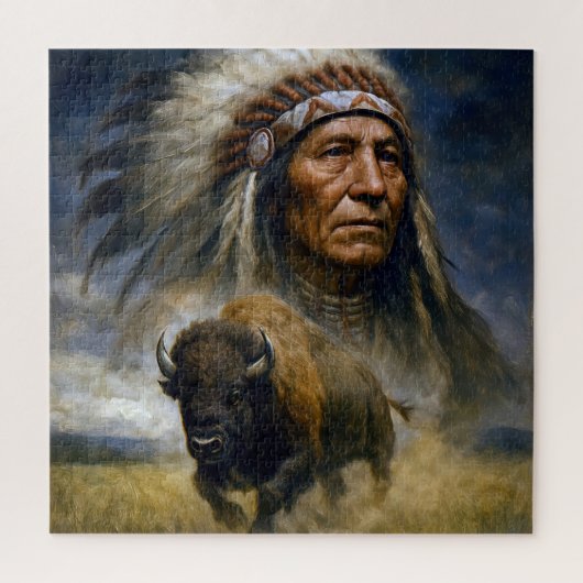 Inheemse Amerikaanse Chief met aanstormende Bizon Legpuzzel (Verticaal)