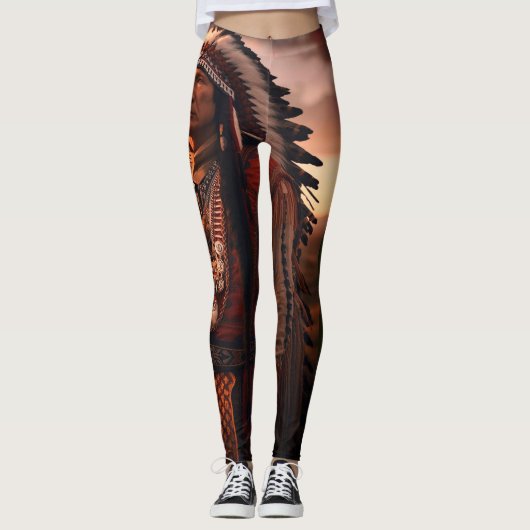 Inheemse Amerikaanse Indiaanse Chief op Aangepaste Leggings (Voorkant)