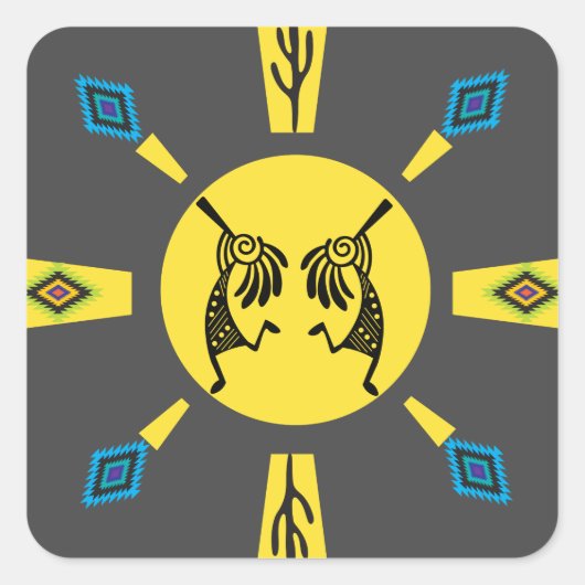 Inheemse Amerikaanse Kokopelli Sun Southwestern Vierkante Sticker (Voorkant)