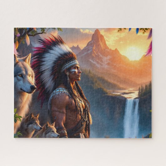 Inheemse Amerikaanse man met wolf Legpuzzel (Horizontaal)