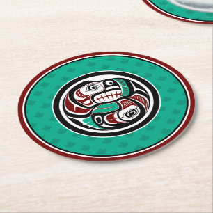 Inheemse Amerikaanse Rood Zwart Groen Kunst Otter  Ronde Kartonnen Onderzetter