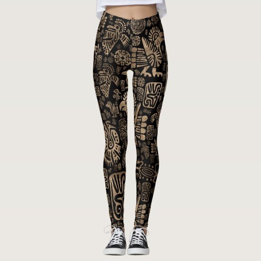 Inheemse Amerikaanse versieringspatronen zwart en  Leggings (Voorkant)