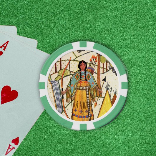 Inheemse Amerikaanse Vrouw Boog Pijl Bomen Waterva Poker Chips