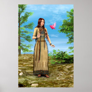 Inheemse Amerikaanse vrouw bos vogel kunst Poster