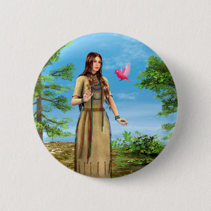 Inheemse Amerikaanse vrouw bos vogel kunst Ronde Button 5,7 Cm