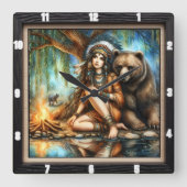 Inheemse Amerikaanse vrouw met Beer door kampvuur Vierkante Klok (Voorkant)