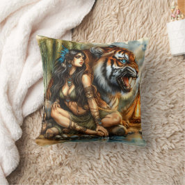 Inheemse Amerikaanse vrouw met tijger door de rivi Kussen