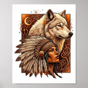 Inheemse Amerikaanse vrouw met witte wolf Vitag Poster