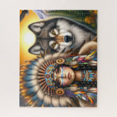 Inheemse Amerikaanse vrouw met wolf Legpuzzel (Verticaal)